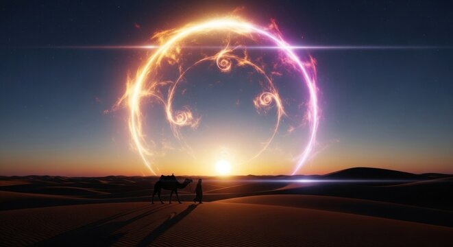 Two silhouetted figures standing in a desert landscape with a glowing, spiral-shaped portal in the sky.