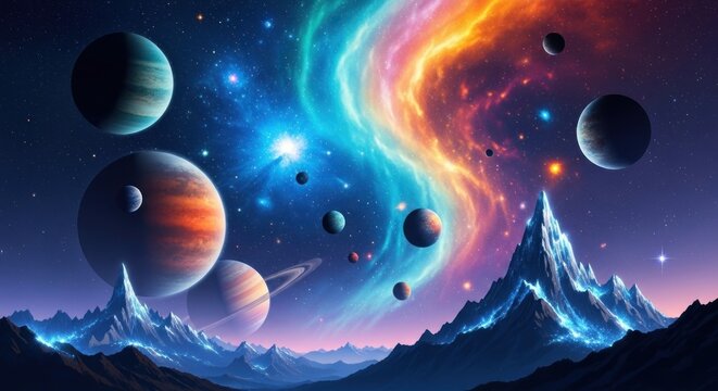 A vibrant, colorful space scene with planets, stars, and a rainbow-like nebula in the background.