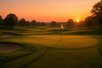 Empty golf course at sunset with warm golden light. Concept of calm landscape, soft evening atmosphere, clean fairway geometry and emotional serenity in a peaceful outdoor scene.