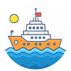 Fototapeta premium Cartoon cruise ship sailing on the waves with a red flag under the sun, vector illustration
