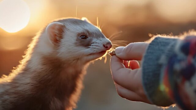 A boy gently gives a treat to a curious ferret as the sun sets in the background. The ferret reaches towards the boy's hand, eagerly anticipating the tasty treat in the scene.