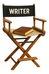 3d illustration of directors chair with writer banner and closed book on seat isolated on transparent background