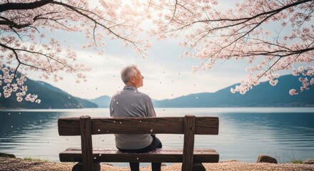 An elderly man sitting on a wooden bench under cherry blossom trees by a lake, gazing at the water.