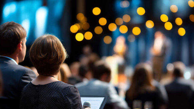 Faceless award ceremony with people on stage heavily defocused blurry event background recognition celebration achievement moment corporate gathering success acknowledgment