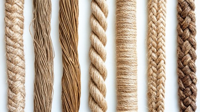 Natural abaca fiber rope collection showcasing braided twisted and wrapped textures arranged on clean white background perfect for sustainable design projects