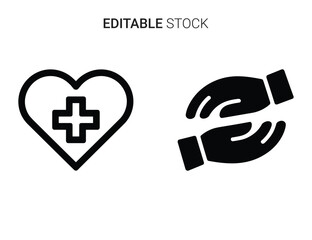 Heart with medical cross and caring hands icon set for health and support concepts