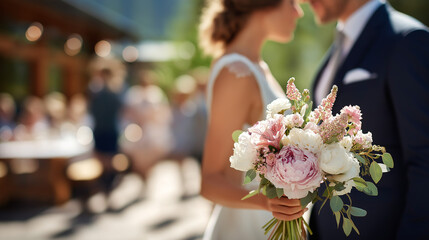 Faceless wedding ceremony and celebration defocused beautiful outdoor venue background bride and groom sunny day luxury wedding decor flowers and bridal bouquet romantic