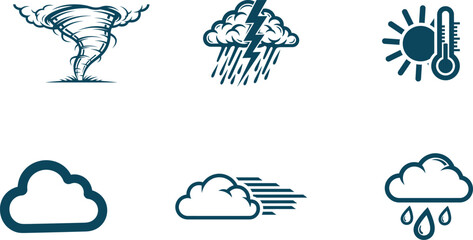 Weather Icon Set Representing Different Weather Conditions Including Tornado Thunderstorm Sunny Hot Windy and Rainy Weather Forecast Symbols Depicted as Flat Design Illustrations