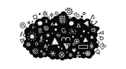 A dark cloud filled with various abstract shapes and symbols in black and white