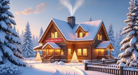 Fototapeta premium A cozy, snow-covered house with a sign reading 'Happy New Year 2026' and decorated for the holiday season.