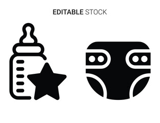 Baby bottle with star and diaper glyph icons representing infant care and essentials.