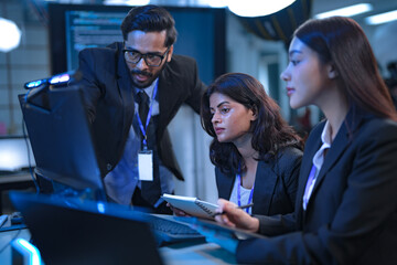 A senior IT specialist guides a new female software developer through the company's system architecture, providing hands-on support during her technical onboarding in a modern tech hub.