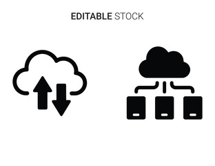 Cloud computing data transfer, upload, download, and network infrastructure glyph icons