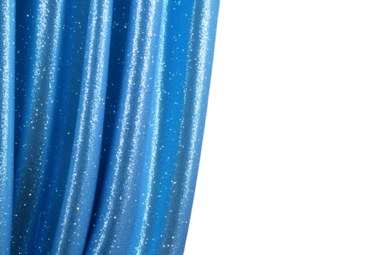A blue curtain with glittery beads on a transparent background.