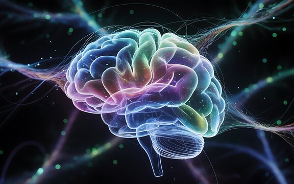 Colorful brain with neural network connections on dark background