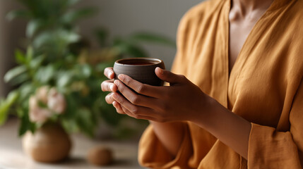 Faceless cacao ceremony with female hands holding cup defocused background pure organic ceremonial cacao drink healing ritual spiritual beverage wellness practice sacred