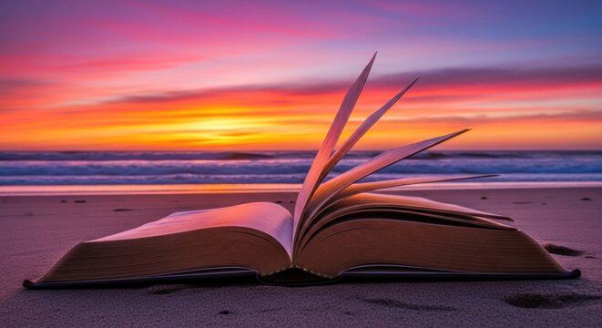 An open book with pages spread out on a sandy beach at sunset.