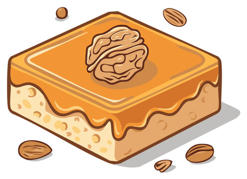Sweet square pastry with caramel glaze and walnut topping, served with almonds