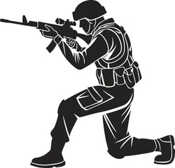Kneeling Soldier with Rifle Silhouette Vector Graphic: Monochrome Military Figure Aiming Weapon, Representing Combat, War, Army, and Defense.