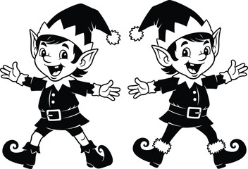 Cheerful Christmas elves in festive outfits spreading holiday joy, playful cartoon characters perfect for seasonal decorations, celebrations, greeting cards, and winter scenes