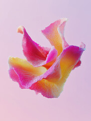 Colorful flower petal floating in soft light on pink background  