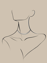 Abstract line drawing of a woman wearing a necklace on beige background  