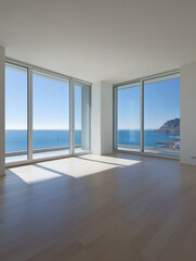 Modern empty apartment with large windows overlooking the sea  