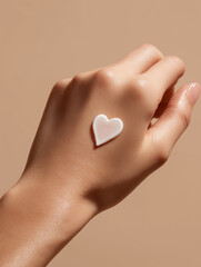 Hand with heart-shaped cream on soft beige background  