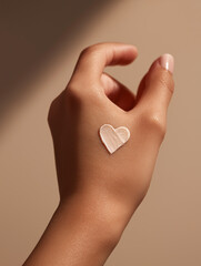 Hand displaying a heart-shaped design on skin in warm tones  
