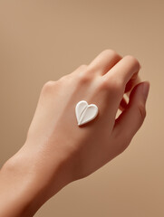 Hand with heart-shaped cream on soft beige background  