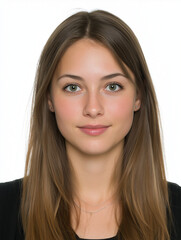 Young woman with long hair and natural makeup posing for portrait  