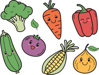 Super Cute Kawaii Vegetable Doodle Set: Smiling Cartoon Characters Including Broccoli, Carrot, Bell Pepper, Zucchini, Tomato, and Corn Illustration.