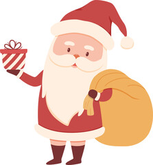 Cute Santa Claus Holding Gift and Gift Sack Vector Illustration