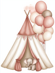 Cute elephant peeking out of tent with balloons in pastel colors  