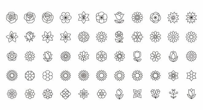 Diverse Assortment of Delicate Outline Floral Symbols for Creative Branding and Web Design