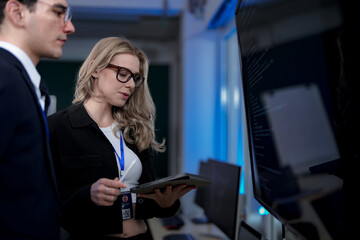 A quantum computing scientist explains a complex algorithm to a colleague, pointing to the code that will run on a quantum processor to solve a problem previously thought impossible.