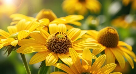 A vibrant sunflower field with yellow flowers and green leaves under a clear blue sky.