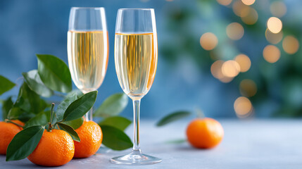 elegant holiday champagne glasses and fresh tangerines on blue background, perfect for christmas and new year marketing, festive greeting cards, website banners, product promotions banners