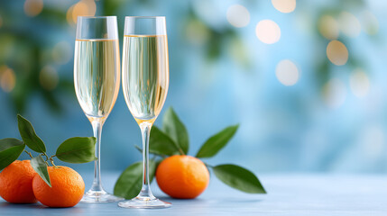 elegant holiday champagne glasses and fresh tangerines on blue background, perfect for christmas and new year marketing, festive greeting cards, website banners, product promotions banners