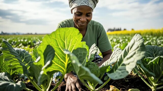 Happy National Farmer Day Celebration With A Smiling African Cultivator Tending To Healthy Organic Cabbage Plants In Her Lush Green Field Under A Bright Blue Sky