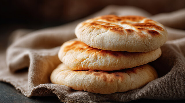 homemade pita bread stacked on rustic linen napkin with soft golden crust, perfect for food blogs, bakery packaging, recipe illustrations, restaurant menus and kitchen-themed advertising