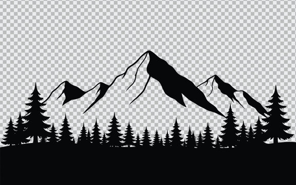 Mountain range silhouette with pine trees on transparent background for design projects