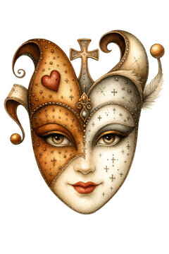 Elegant Carnival Jester Masquerade Mask with Cross and Heart Illustration Vector
