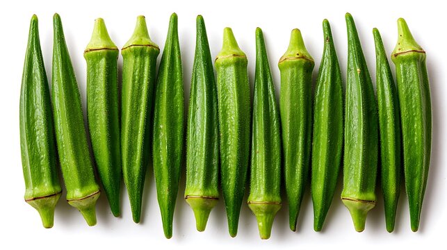 fresh green okra pods isolated on white background 
