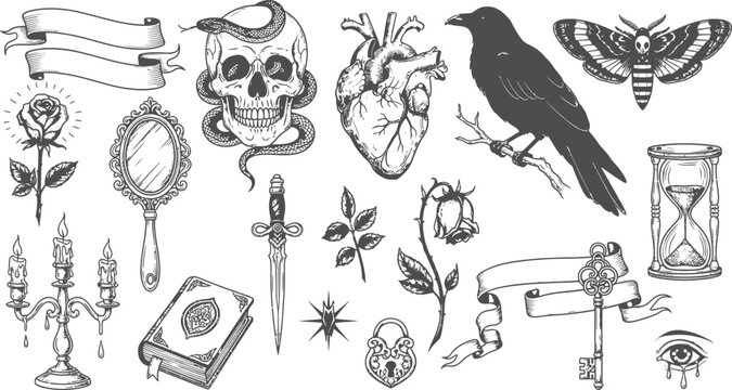 Gothic Elements Collection Black and White Tattoo Style Vector Art