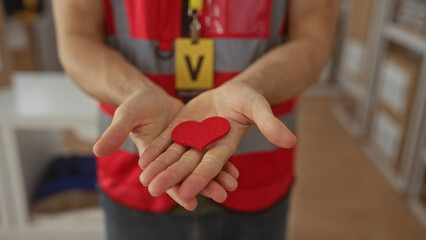 Man in volunteer vest holding a red heart with open hands in building volunteer center; community...