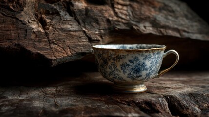 Antique teacup on wooden logs