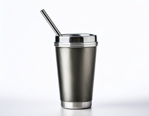 stainless steel reusable straw cup isolated on white background eco friendly dining