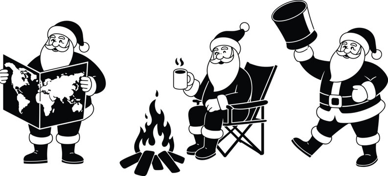 Festive Santa Claus illustrations showing map reading, campfire relaxation, and joyful celebration, perfect for Christmas holiday themes, winter designs, and seasonal artwork