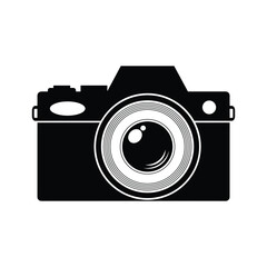 Black and white graphic icon of a vintage camera with lens photography